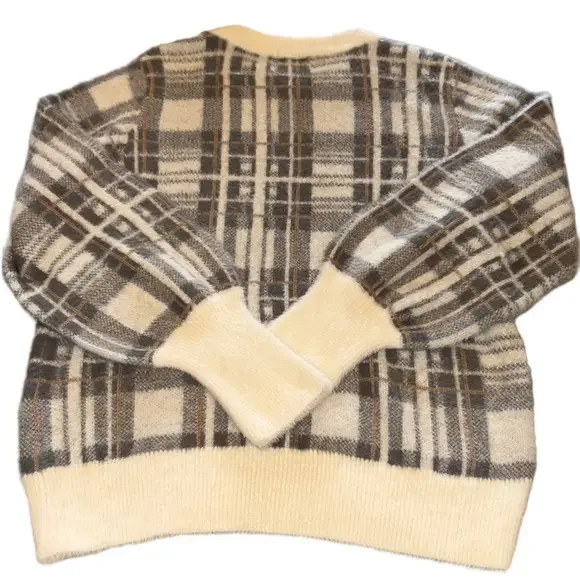 Evereve Woman’s L Plaid Knit Sweater Cream Gray Brown with Balloon Sleeves. - Picture 4 of 6